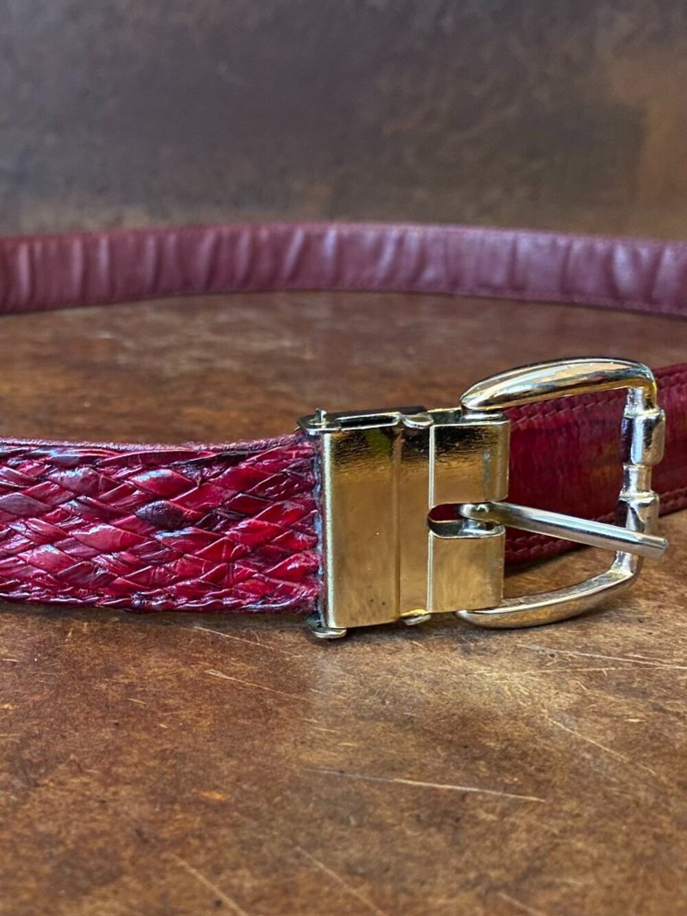 Vintage 1980s Eel Skin Belt Burgundy Maroon Red Size 36